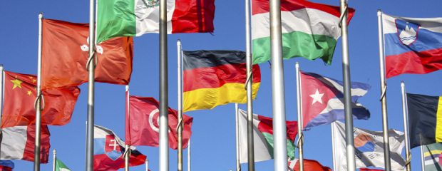 Flags representing the United Nations Member States Information in English. Symbol: Hissed flags representing the United Nations Member States in front of a blue sky