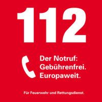 Logo 112: Der Notruf. Gebührenfreui. Europaweit