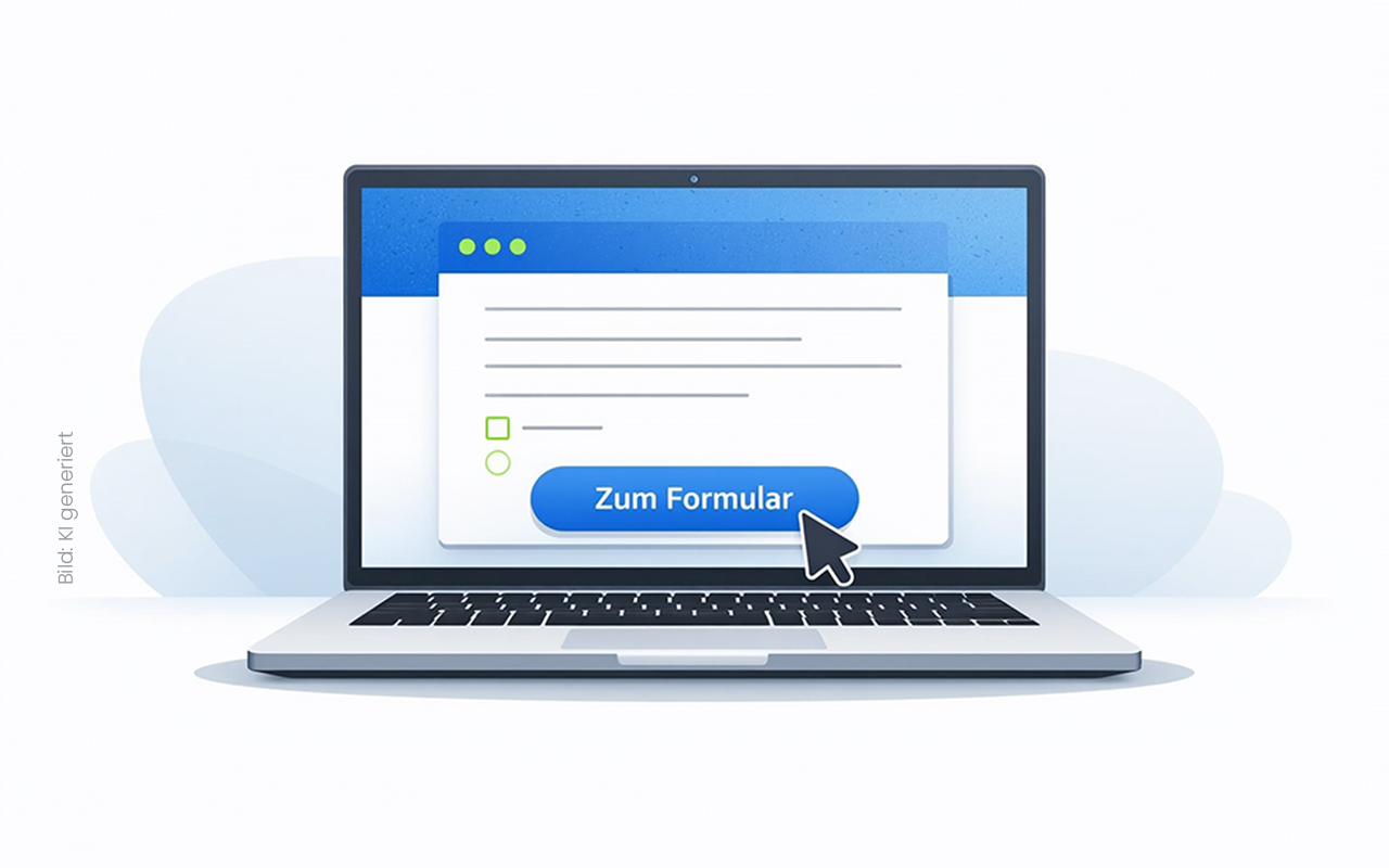Laptop mit geöffneter Webseite: Formularkarte und großer blauer Button „Zum Formular“, Mauszeiger zeigt darauf. Das Bild wurde mit KI generiert.