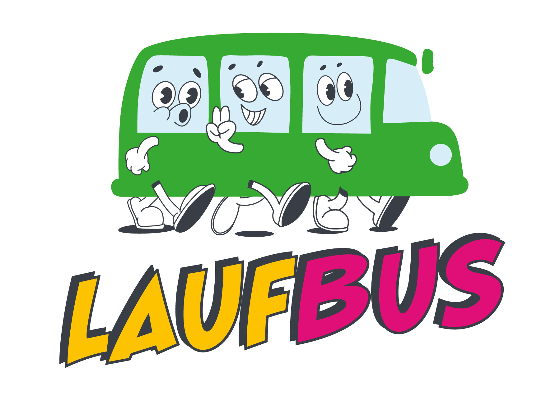 Logo zum "Laufbus" mit einem Bus und lachenden Karrikaturen