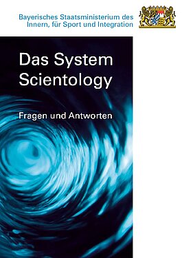 Titelbild der Broschüre "Das System Scientology" schwarz mit blauem Wellenstrudel mit weißer Schrift