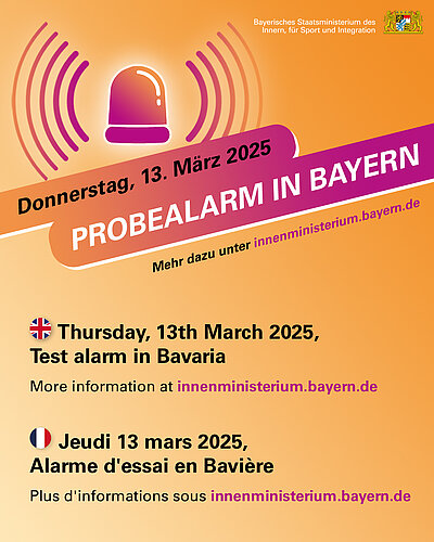 Grafik einer Sirene mit Schallwellen und der Headline Probealarm in Bayern