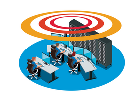 Isometrische Leitstellen‑Illustration: drei Bediener an Monitoren, große Serverschränke im Hintergrund und rote/orange Signalringe darüber.