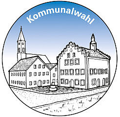 Zeichnung von einem Marktplatz mit Kirche und Rathaus nebeneinander