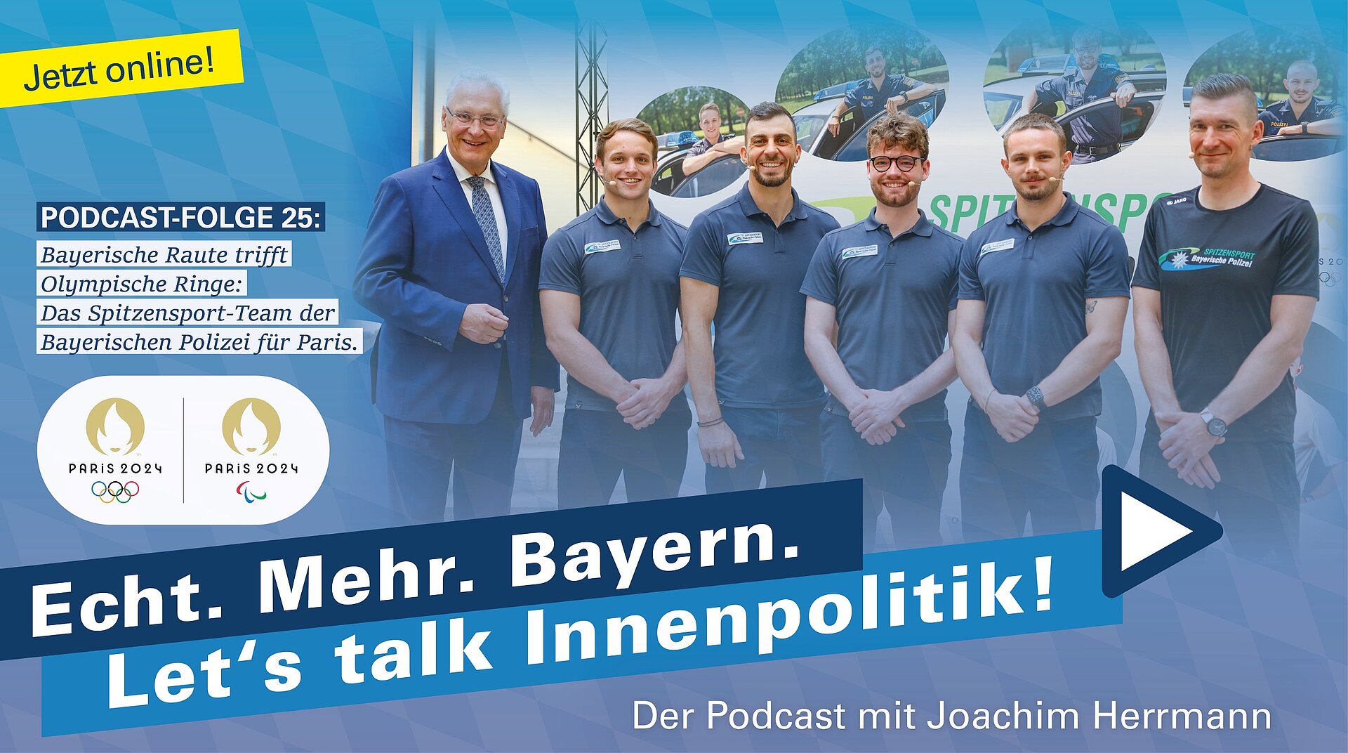 Innenminister Joachim Herrmann steht mit den Athleten der Spitzensportförderung der Bayerischen Polizei vor einer Pressewand