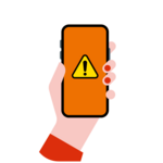 Hand hält ein Smartphone mit orangem Bildschirm; in der Mitte des Displays ein gelbes Warnsymbol mit Ausrufezeichen.