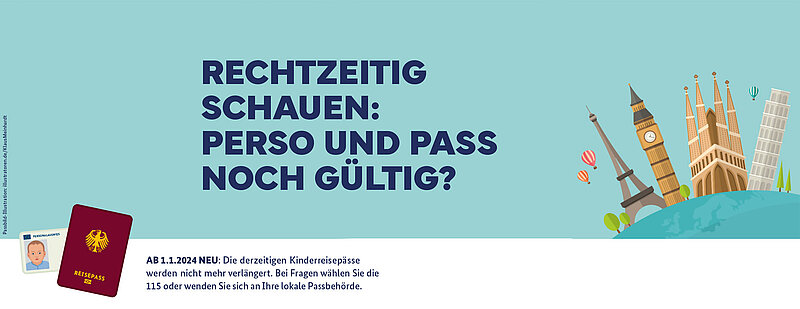 Grafische Darstellung der Kampagne Rechtzeitig schauen: Perso und Pass noch gültig? mit Grafiken Reisepass und Wahrzeichen einiger Länder