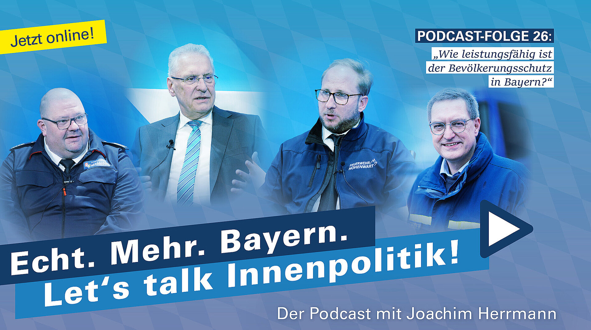 Auf dem Bild sind von links nach rechts zu sehen: Christian Nitschke (Kreisbrandrat von Pfaffenhofen a. d. Ilm), Innenminister Joachim Herrmann, Moritz Fahn (Zugführer bei der Freiwilligen Feuerwehr Hohenwart) sowie der THW-Landesvorsitzenden Dr. Fritz-Helge Voß