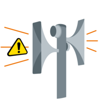 Lautsprecher‑/Sirenenmast mit zwei grauen Hornlautsprechern, orange Signallinien und ein gelbes Warnsymbol mit Ausrufezeichen.