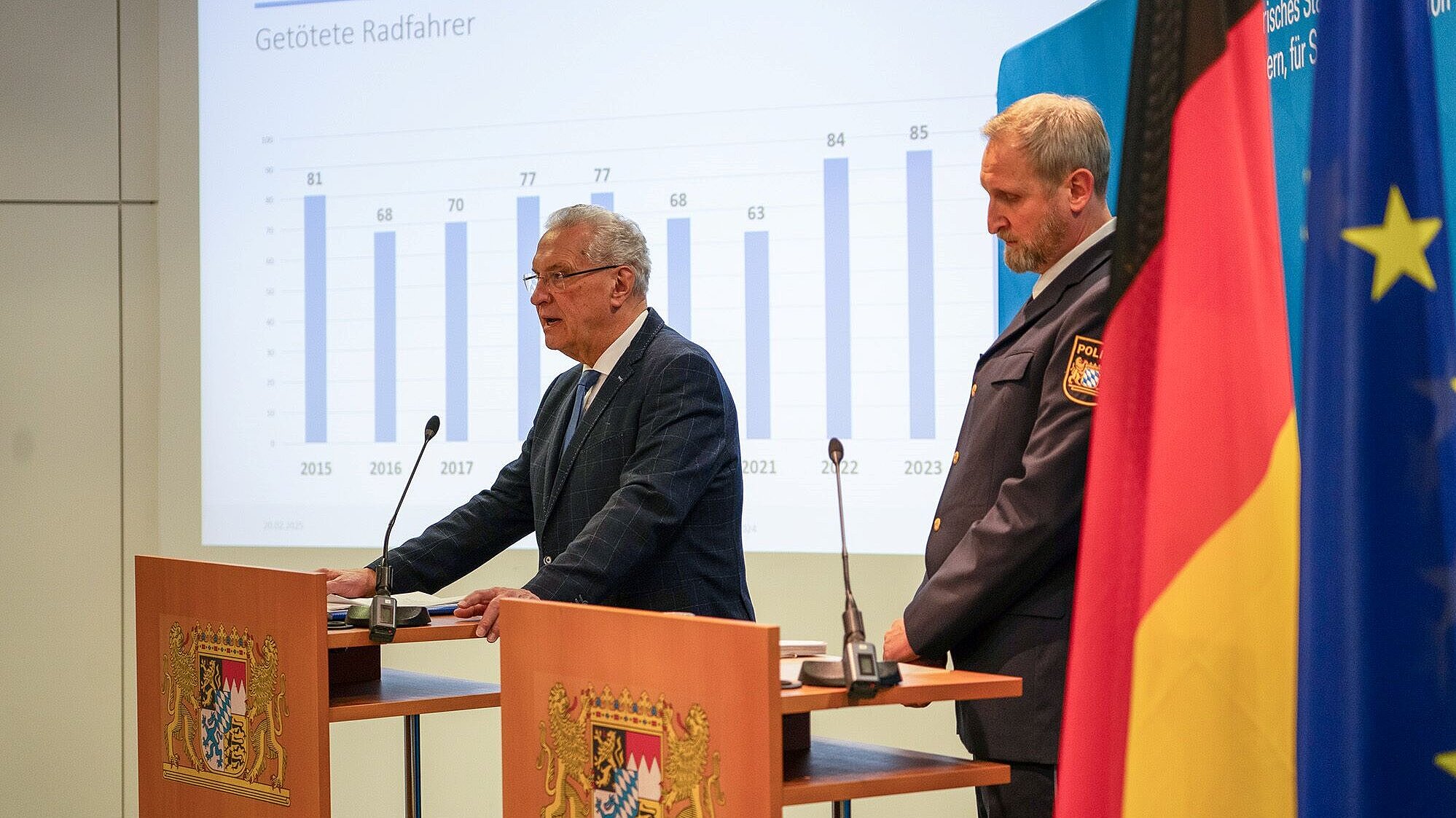 Auf dem Bild ist Innenminister Joachim Herrmann bei der Vorstellung der Verkehrsunfallstatistik 2024 zu sehen.