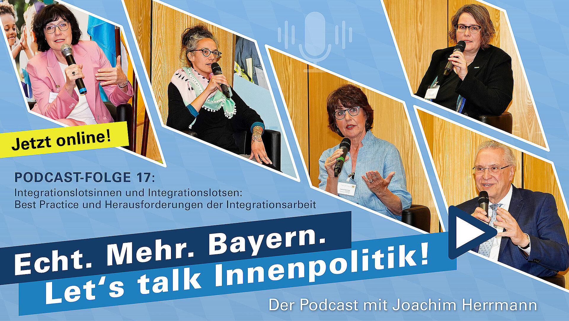 Die Fotos der Gesprächsteilnehmer sind in einzelnen Rauten hinterlegt, diese wurden bei der Diskussionsrunde fotografiert. Zu sehen sind: Innenminister Joachim Herrmann, Ingeborg Bias-Putzier, Anke Heinroth, Lena Stahl und Prof. Dr. Martina Wegner