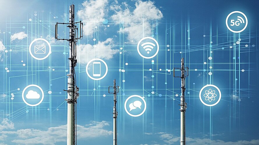 Grafische Darstellung und Symbole von Datennetzwerken mit Funkmasten
