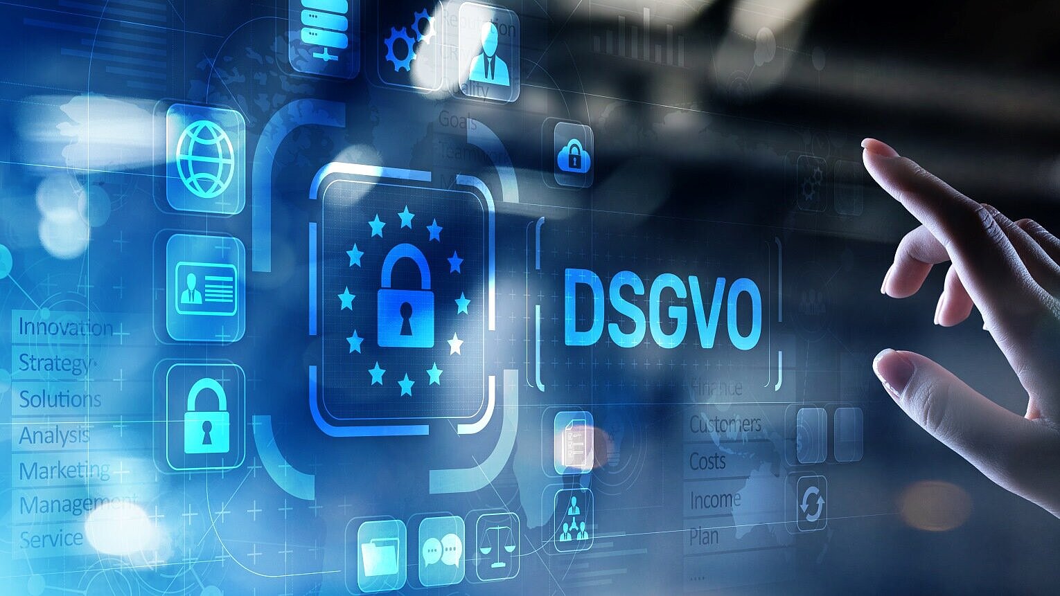 Grafik zur DSGVO mit virtuellen Icons