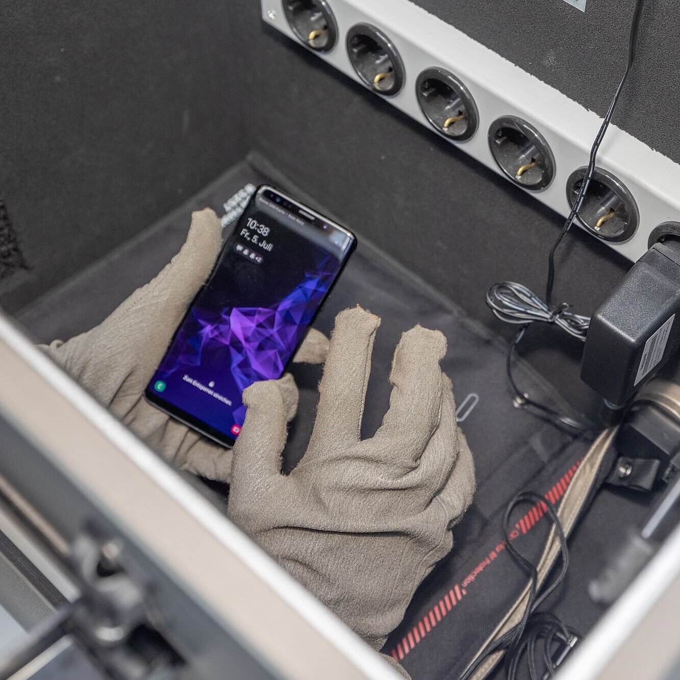 Smartphone wird in einer technischen Box gehalten