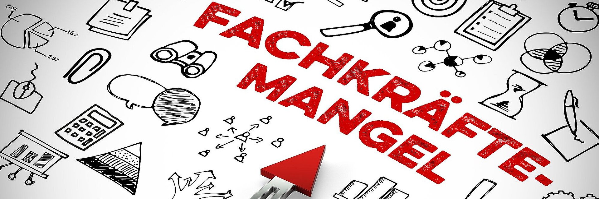 Zeichnung schwarz weiß mit einem roten Pfeil und dem Schriftzug Fachkräftemangel