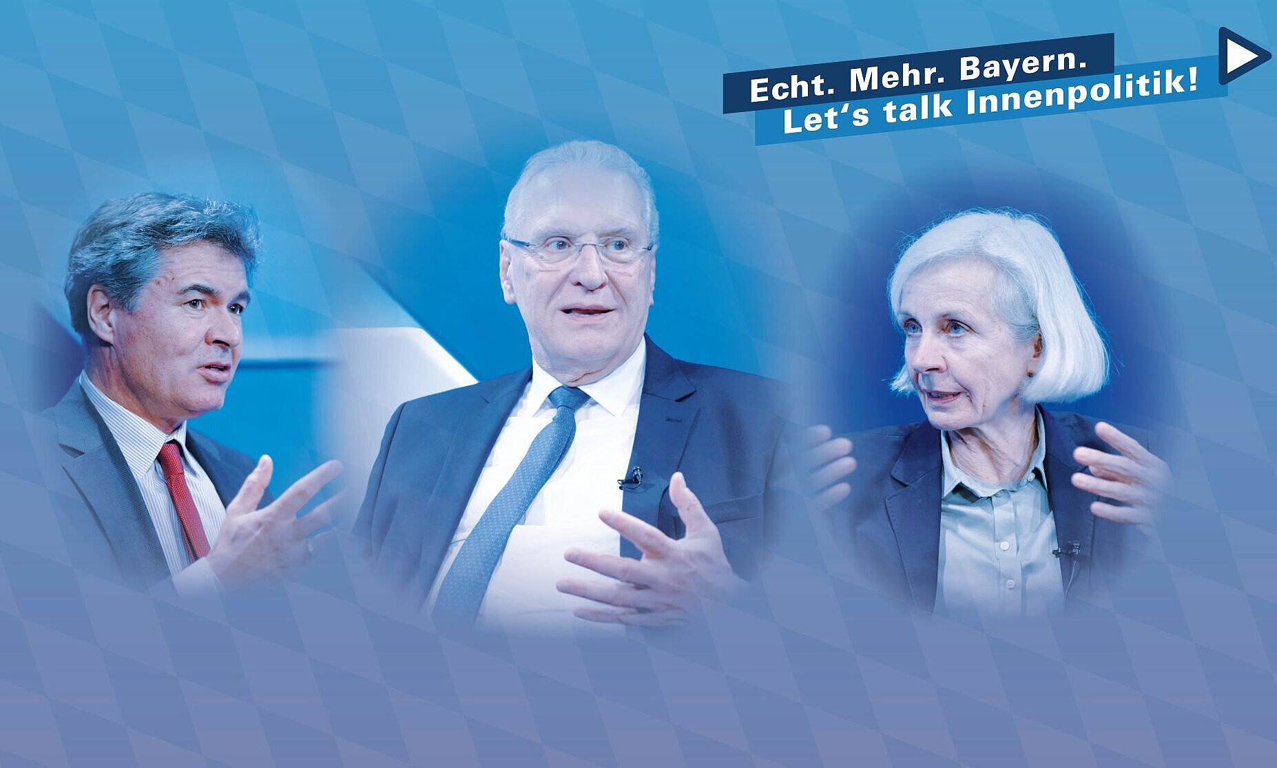 Auf dem Bild sind LfV-Präsident Manfred Hauser, Innenminister Joachim Herrmann und Prof. Dr. Ursula Münch jeweils in Gesprächspose zu sehen.