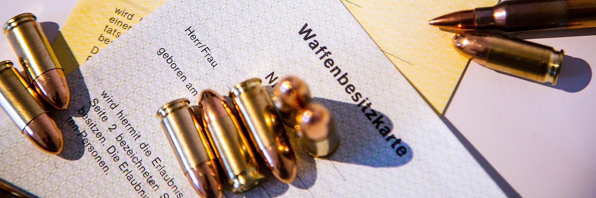 Gelbe Waffenbesitzkarte für Sportschützen und weiße Waffenbesitzkarte umringt von verschiedenen Waffenpatronen von oben fotografiert