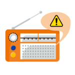 Oranges Radio mit Antenne, Lautsprechergitter und Senderskala; eine Sprechblase zeigt ein gelbes Warnsymbol mit Ausrufezeichen.