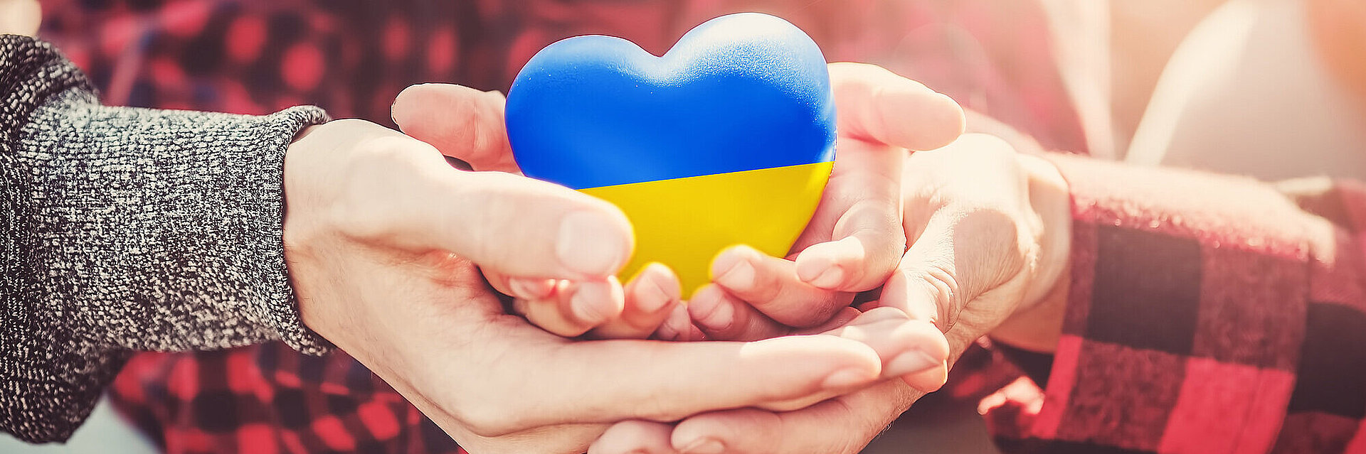 Familienhände halten ein Herz in den Farben der Ukraine