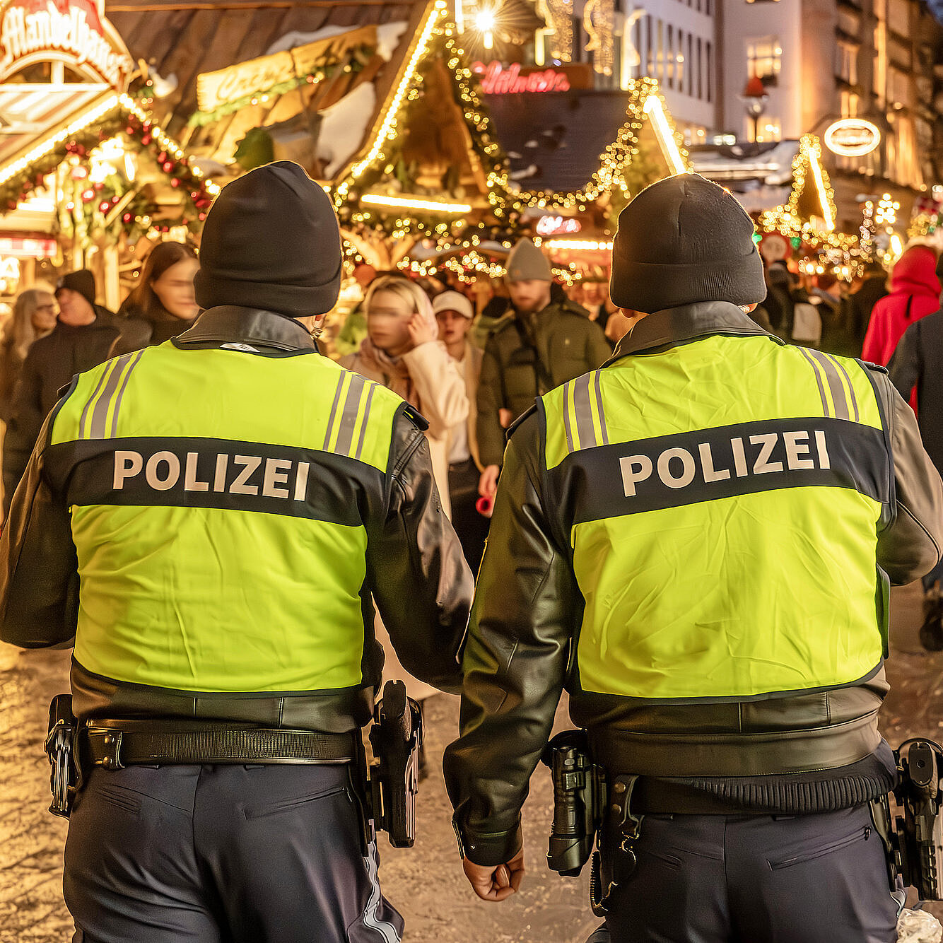 Polizeistreife auf dem Christkindlmarkt am Marienplatz und Kaufingerstraße, Polizisten zeigen Präsenz, uniformierte Streifen verbessern die Sicherheit, zeigen Wachsamkeit, weihnachtlich dekorierten Fußgängerzone, festlicher Lichterglanz, Geschäfte