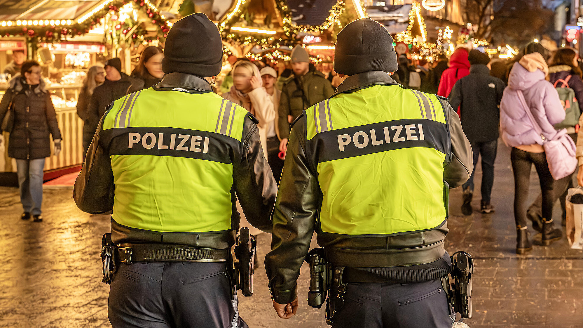 Polizeistreife auf dem Christkindlmarkt am Marienplatz und Kaufingerstraße, Polizisten zeigen Präsenz, uniformierte Streifen verbessern die Sicherheit, zeigen Wachsamkeit, weihnachtlich dekorierten Fußgängerzone, festlicher Lichterglanz, Geschäfte