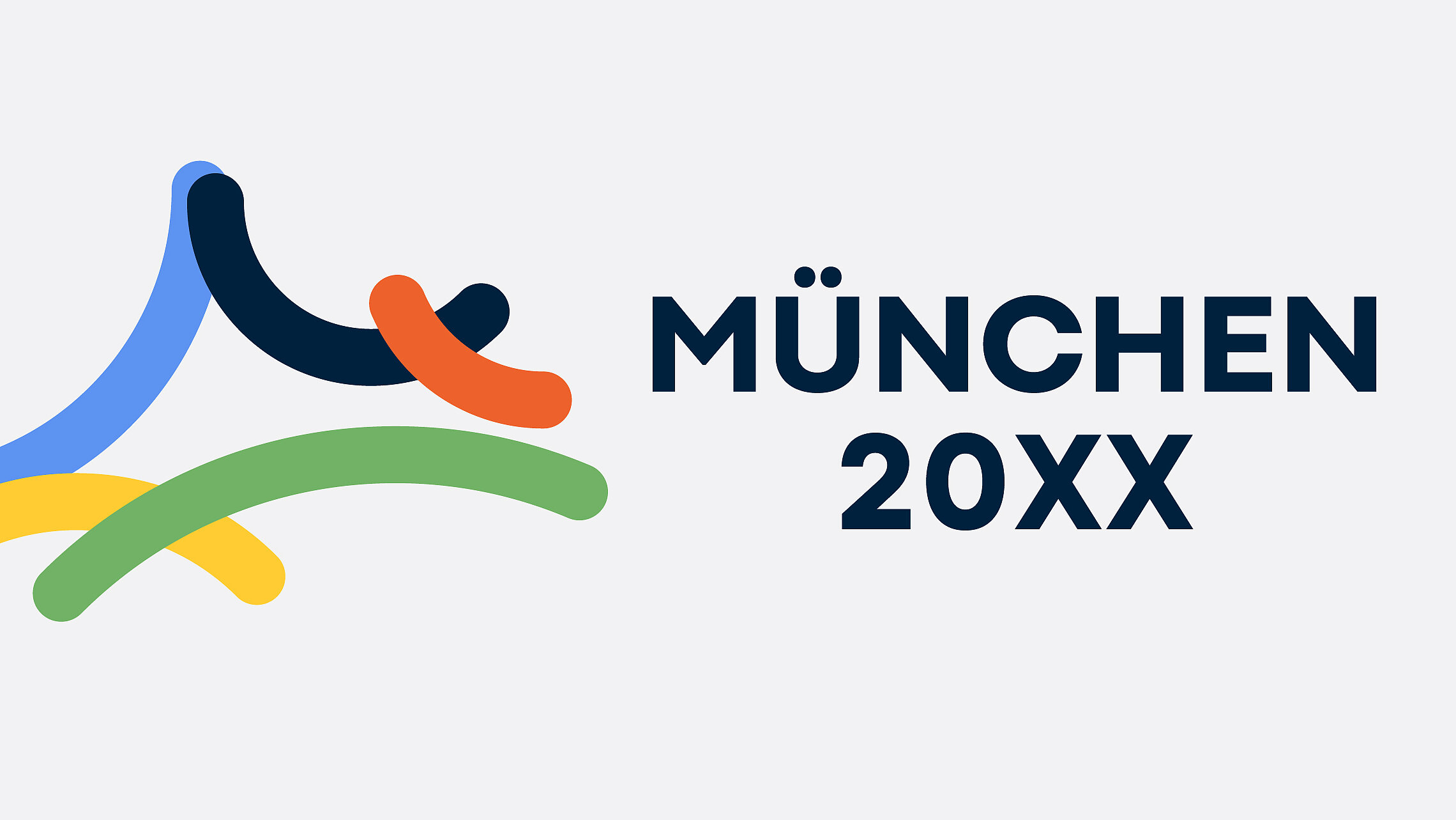 Logo mit fünf überlappenden, gebogenen Bändern (hellblau, dunkelblau, orange, gelb, grün) neben dem Schriftzug „MÜNCHEN 20XX“.