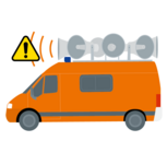 Oranger Einsatztransporter mit mehreren Lautsprechern auf dem Dach, links ein gelbes Warnsymbol und orange Schalllinien.