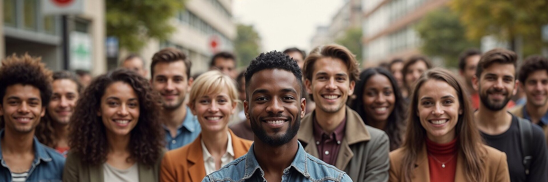 eine Gruppe unterschiedlicher junger Menschen mit unterschiedlicher Hautfarbe, die frontal in die Kamera lachen