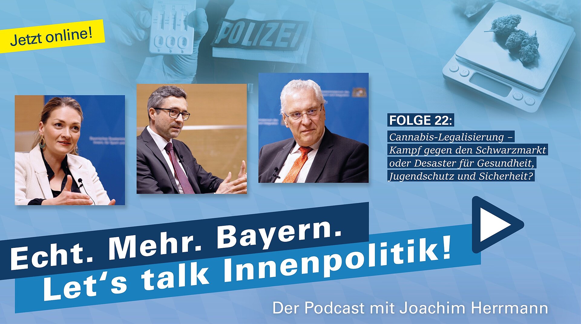 Auf dem Foto sind folgende Personen in Kästchenbildern zu sehen: Die Gesundheitsministerin Judith Gerlach, der Kriminaloberrat Christian Wulzinger von der Bayerischen Polizei sowie Innenminister Joachim Herrmann