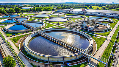 Kläranlage in Betrieb mit mehreren großen runden Wasserbecken von oben fotografiert