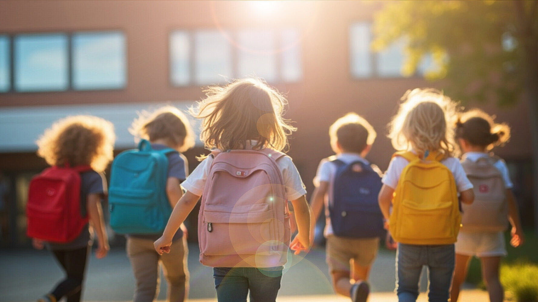 Schulkinder mit Rucksäcken von hinten vor Gebäude